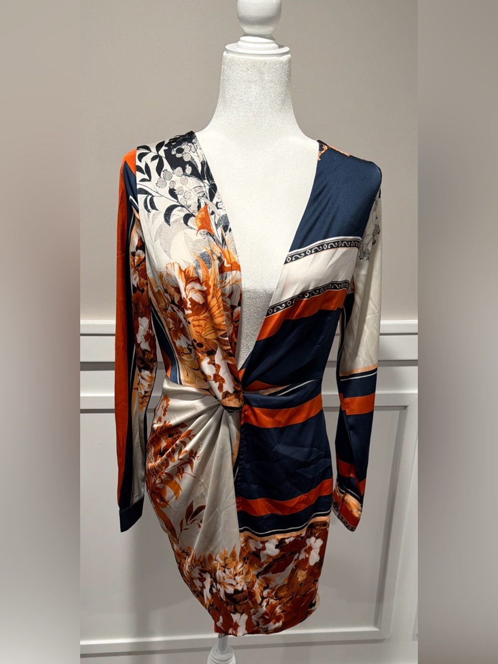 Fashion Nova Navy, Orange & Cream Floral Twist-Front Long Sleeve Dress